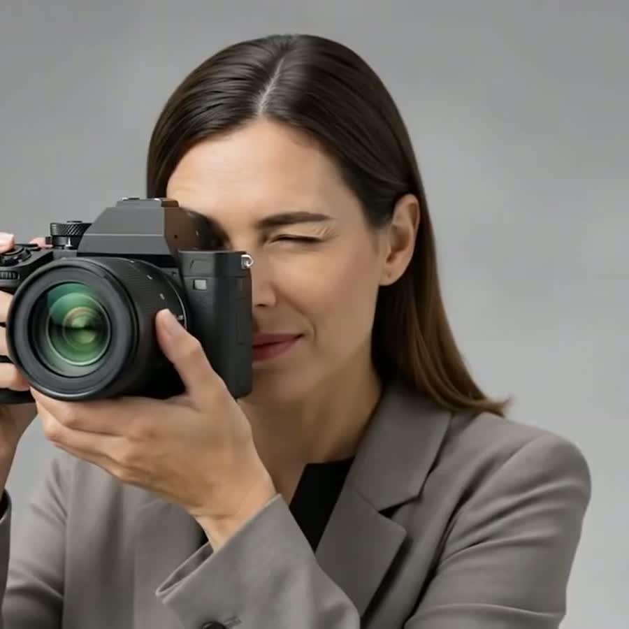 Helena Vasques segurando sua câmera no estúdio
