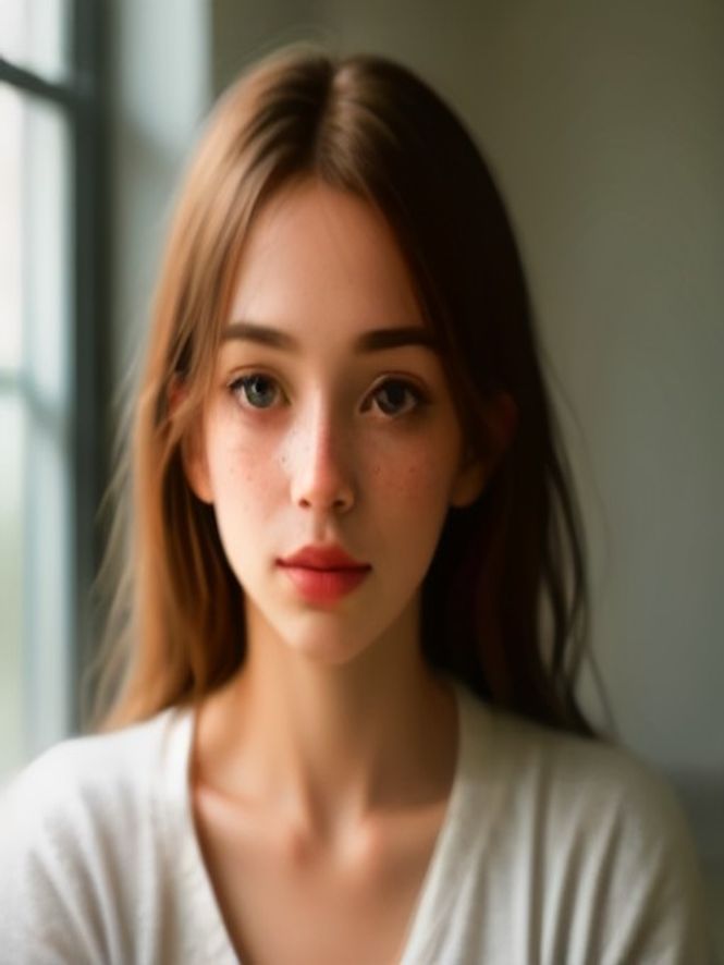 Retrato de mulher jovem com sardas em luz de janela