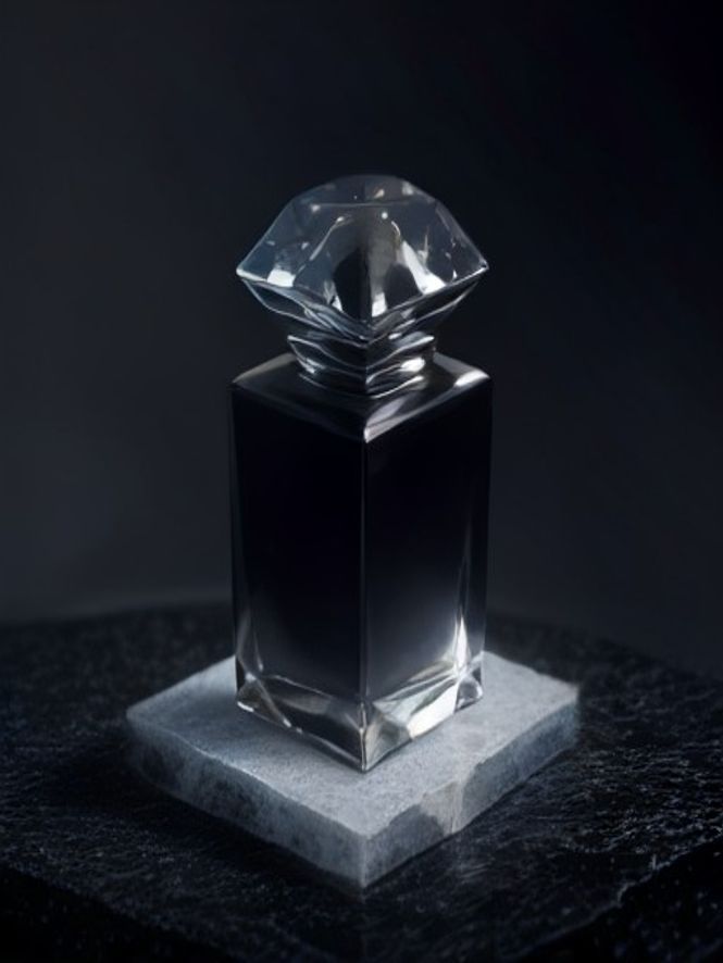 Frasco de perfume sobre pedra com luz dura