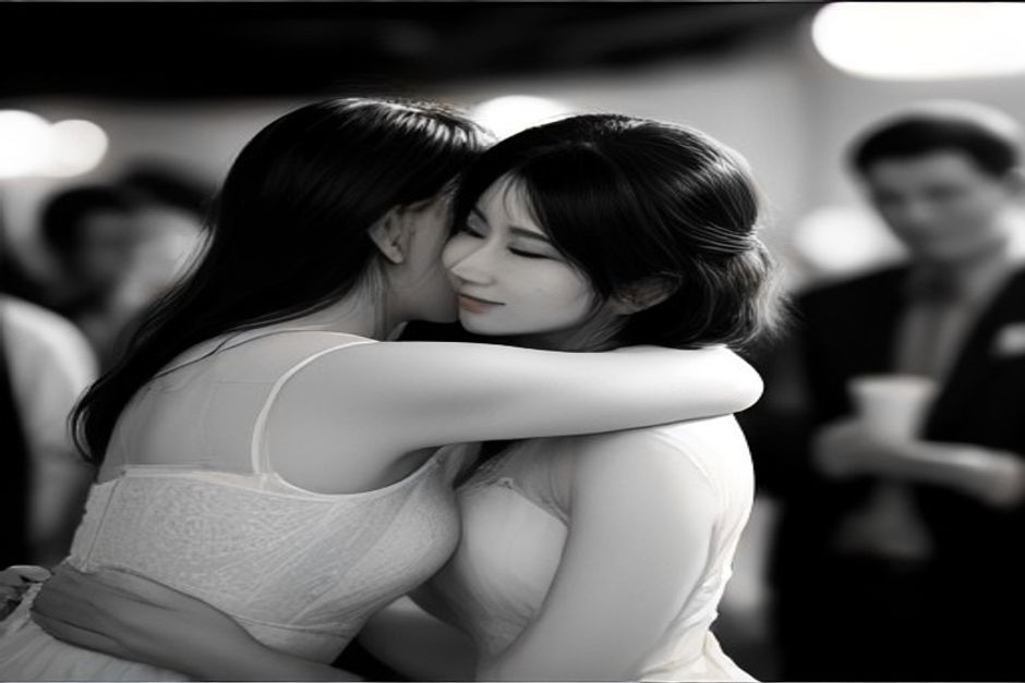 Casal se abraçando em festa de casamento