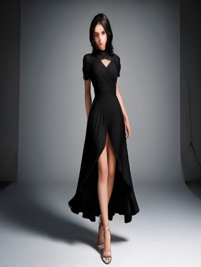 Modelo de vestido preto em fundo cinza de estúdio